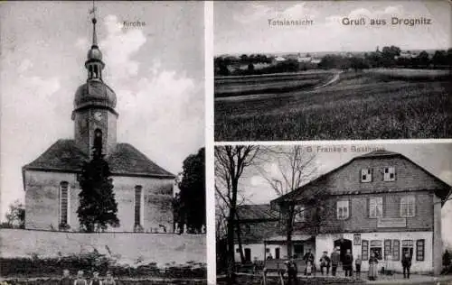 Ak Drognitz in Thüringen, Gesamtansicht, Kirche, Gasthaus