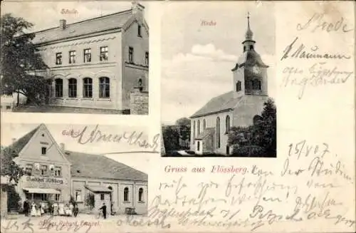 Ak Flössberg Frohburg in Sachsen, Schule, Kirche, Gasthof, Flossberg