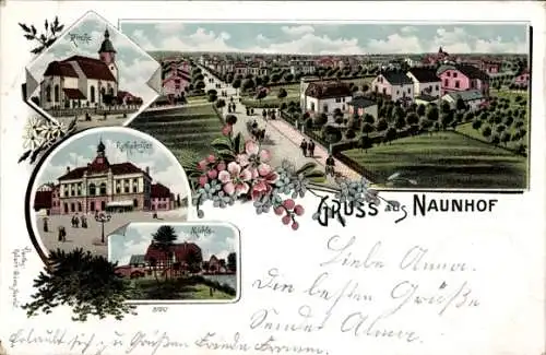 Litho Naunhof im Kreis Leipzig, Kirche, Totale, Mühle, Ratskeller