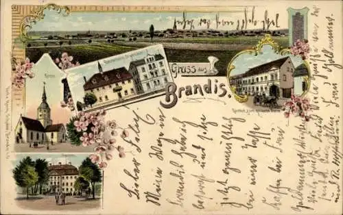 Litho Brandis in Sachsen, Ratskeller, Stadthaus, Kirche, Schloss, Gasthof zum goldenen Stern