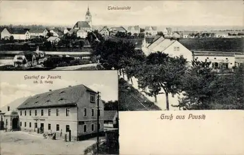 Ak Pausitz Riesa an der Elbe Sachsen, Totalansicht mit Kirche, Gasthof von O. Hettig