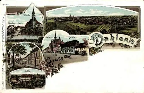 Litho Dahlen, Gesamtansicht, Gasthof Heinze, Markt, Bahnhofstraße, Schloss