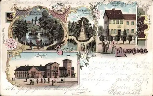 Litho Eilenburg an der Mulde, Bahnhof, Denkmal, Teich, Schloss, Wohnhaus