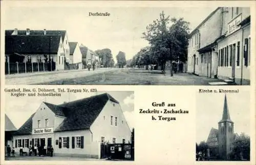 Ak Zeckritz Zschackau Beilrode in Sachsen, Dorfstraße, Gasthof, Kirche, Ehrenmal