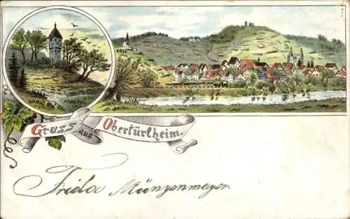 Litho Obertürkheim Stuttgart in Württemberg, Gesamtansicht des Ortes, Turm