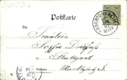 Litho Obertürkheim Stuttgart in Württemberg, Gesamtansicht des Ortes, Turm