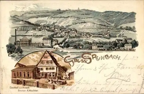 Litho Grunbach Remshalden in Württemberg, Gesamtansicht, Gasthof zum Hirsch