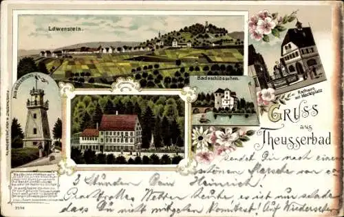 Litho Teusserbad Löwenstein, Badeschlösschen, Wasserbad, Rathaus, Marktplatz, Aussichtsturm