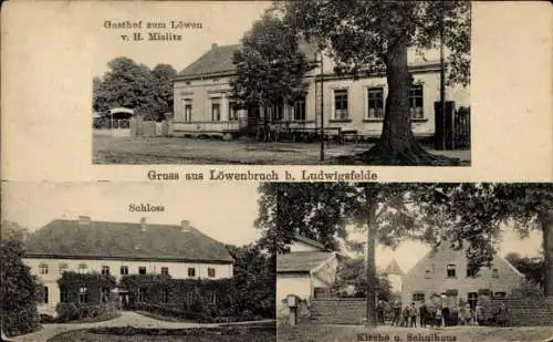 Ak Löwenbruch Ludwigsfelde in Brandenburg, Schloss, Kirche, Schulhaus, Gasthof zum Löwen