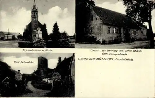 Ak Mützdorf Wiesenburg in der Mark,  Kriegerdenkmal, Kirche, Gasthof "Zur Erholung", Burg Rabe...