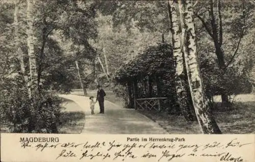 Ak Magdeburg in Sachsen Anhalt, Herrenkrug-Park, Mann mit Kind