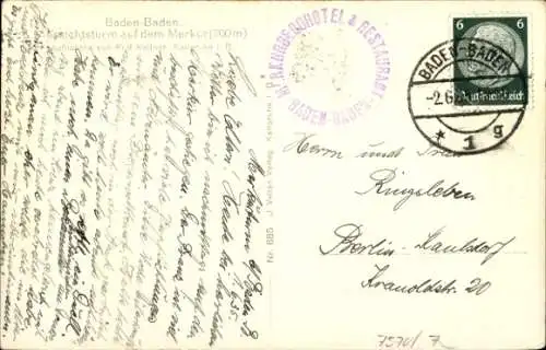 Ak Baden Baden im Stadtkreis Baden Württemberg, Aussichtsturm auf dem Merkur