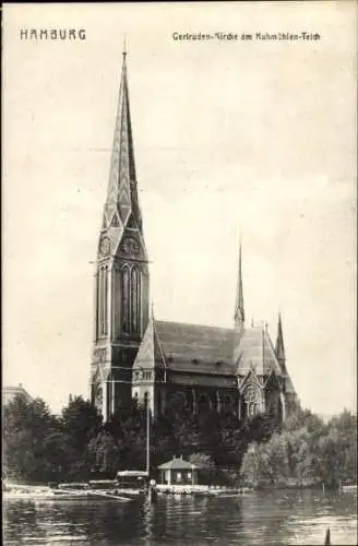 Ak Hamburg, Blick auf die Gertruden Kirche am Kuhmühlen Teich