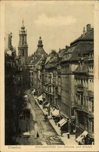 Ak Dresden Altstadt, Schlossstraße mit Schloss und Kirche, Geschäfte