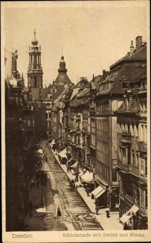 Ak Dresden Altstadt, Schlossstraße mit Schloss und Kirche, Geschäfte