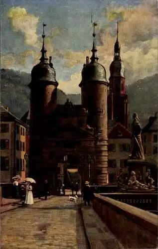 Künstler Ak Hoffmann, H., Heidelberg am Neckar, Brückentor, Denkmal Karl Theodor, alte Neckarbrücke