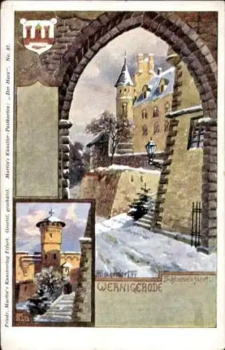 Künstler Ak Bahndorf, Wernigerode am Harz, An der Schlosseinfahrt, Turm, Winter