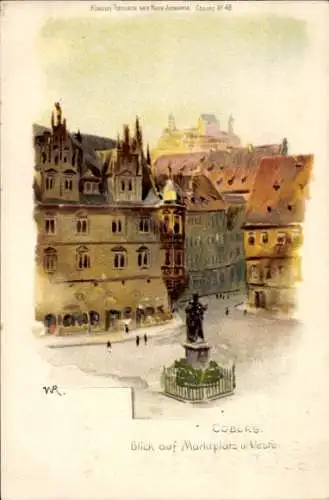 Künstler Litho Coburg, Blick auf Marktplatz und Veste, Denkmal