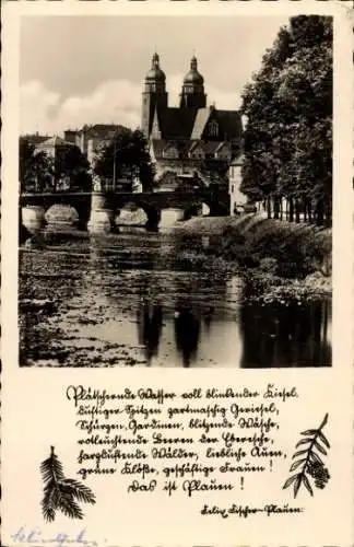 Ak Plauen im Vogtland, Panorama mit Brücke und Kirche, Gedicht