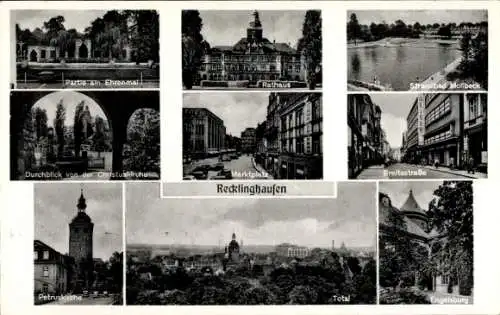 Ak Recklinghausen im Ruhrgebiet, Strandbad, Rathaus, Breitestraße, Petruskirche, Engelsburg, Totale