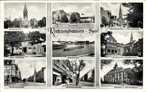 Ak Recklinghausen im Ruhrgebiet, Elisabeth Krankenhaus, Lutherkirche, Sparkasse, Berufsschule