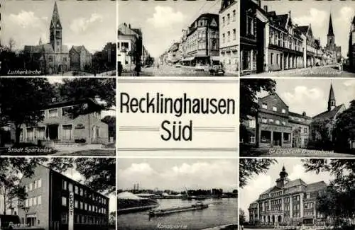 Ak Recklinghausen im Ruhrgebiet, Lutherkirche, Stadtsparkasse, Postamt, Handelsschule, Kanal