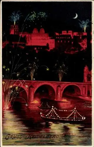 Litho Heidelberg am Neckar, Schlossbeleuchtung bei Nacht, Feuerwerk, Brücke