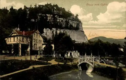 Ak Oybin Zittauer Gebirge, Kanalpartie mit Brücke, Haus und Berg