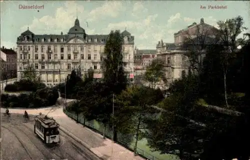 Ak Düsseldorf am Rhein, Parkhotel Straßenbahn 10, Wohnhäuser, Geschäfte