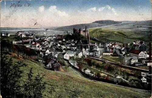 Ak Mylau Reichenbach im Vogtland, Panorama der Ortschaft und Umgebung, Kaiserschloss