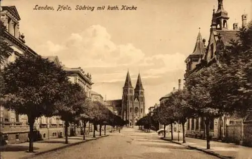 Ak Landau an der Isar in Niederbayern, Südring mit katholischer Kirche