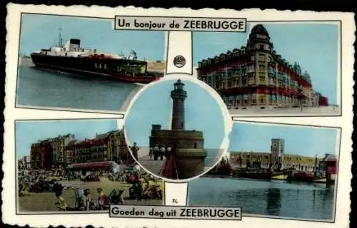 Ak Zeebrugge Westflandern, Fährschiff, Strandpartie, Hafen, Leuchtturm