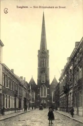 Ak Izegem Iseghem Westflandern, Sint-Hiloniuskerk en Straat