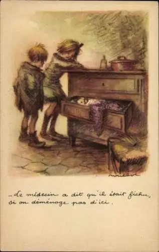 Künstler Ak Poulbot, Franciscque, Kinder, Baby schläft in einer Schublade
