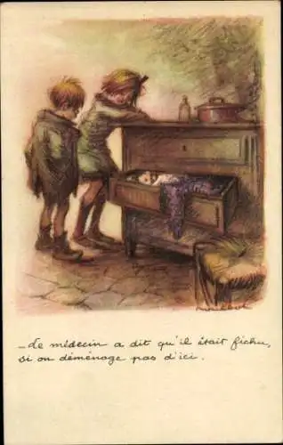 Künstler Ak Poulbot, Franciscque, Kinder, Baby schläft in einer Schublade