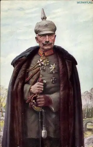 Künstler Ak Fischer, Art., Kaiser Wilhelm II., Portrait in Uniform, Mantel, Pickelhaube