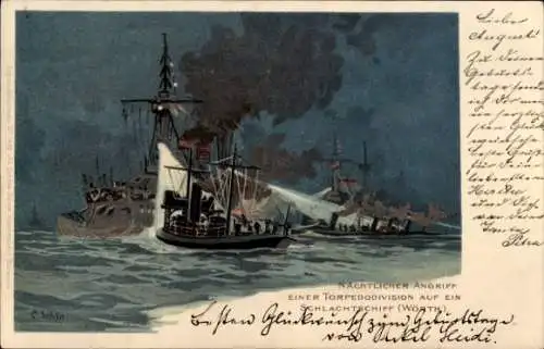 Künstler Litho Schön C., Schlachtschiff Wörth, nächtlicher Angriff einer Torpedobootsdivision