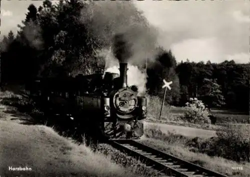 Ak Harzbahn, Dampflokomotive in voller Fahrt, Gleisansicht