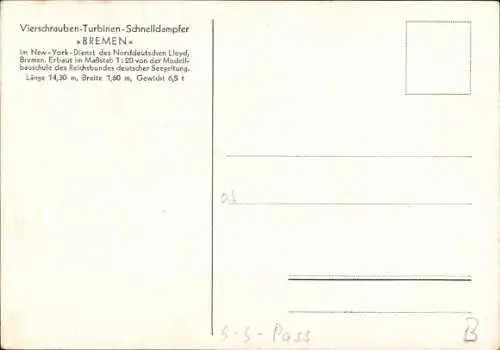 Ak Vierschrauben-Turbinen-Schnelldampfer Bremen NDL, Modellbauschule Reichsbund deutscher Seegeltung