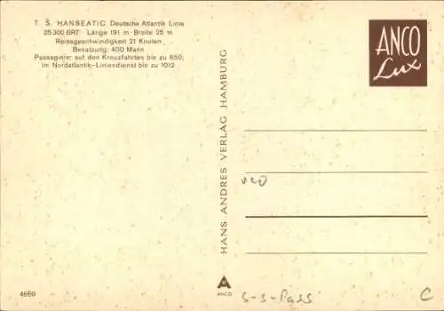 Ak Fährschiff T.S. Hanseatic, Deutsche-Atlantik-Linie