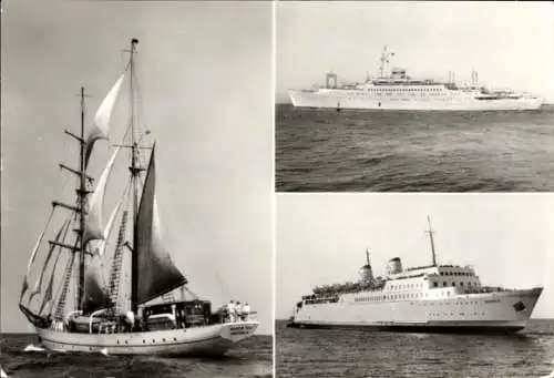 Ak Segelschulschiff Wilhelm Pieck, Urlauberschiff GTMS Fritz Heckert, Fährschiff Sassnitz