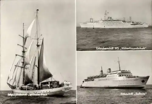 Ak Segelschulschiff Wilhelm Pieck, Urlauberschiff GTMS Fritz Heckert, Fährschiff Sassnitz