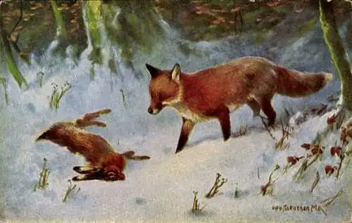 Künstler Ak Fuchs, Hase, Jagdbeute, Wald