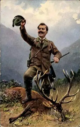 Künstler Ak Müller, August, Stolzer Jäger mit erlegtem Hirsch