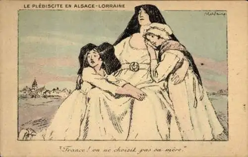 Künstler Ak Faivre, Abel, Le Plebiscite en Alsace Lorraine, Allegorie, Elsässer Volkstrachten