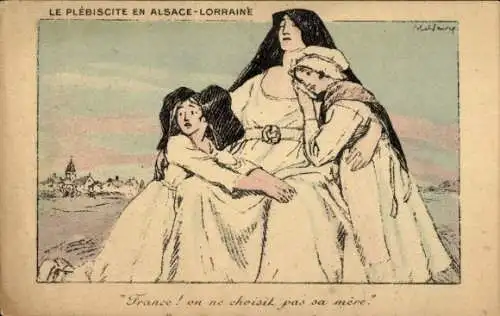 Künstler Ak Faivre, Abel, Le Plebiscite en Alsace Lorraine, Allegorie, Elsässer Volkstrachten