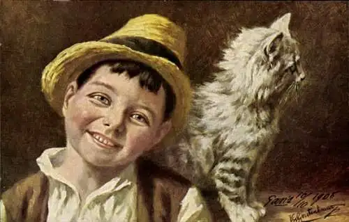 Künstler Ak Gerstenhauer, Johann Georg, Kinderportrait, Junge mit Katze