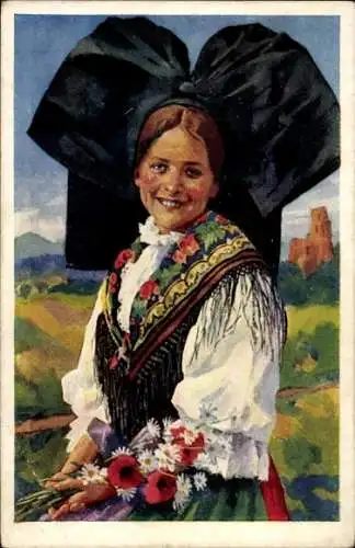 Künstler Ak Weiss, P., Mädchen in Elsässer Volkstracht, Feldblumen