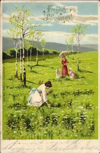 Künstler Ak Mailick, Glückwunsch Pfingsten, Frauen, Kinder, Blumenwiese