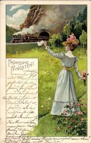 Litho Deutsche Eisenbahn, Frau winkt zum Abschied, Tunnel